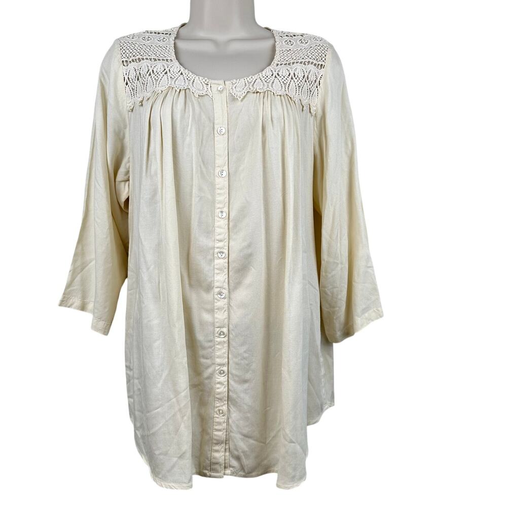 April Cornell Blouse Top Lace Embroidered Button Front Cream M Cottagecore Boho